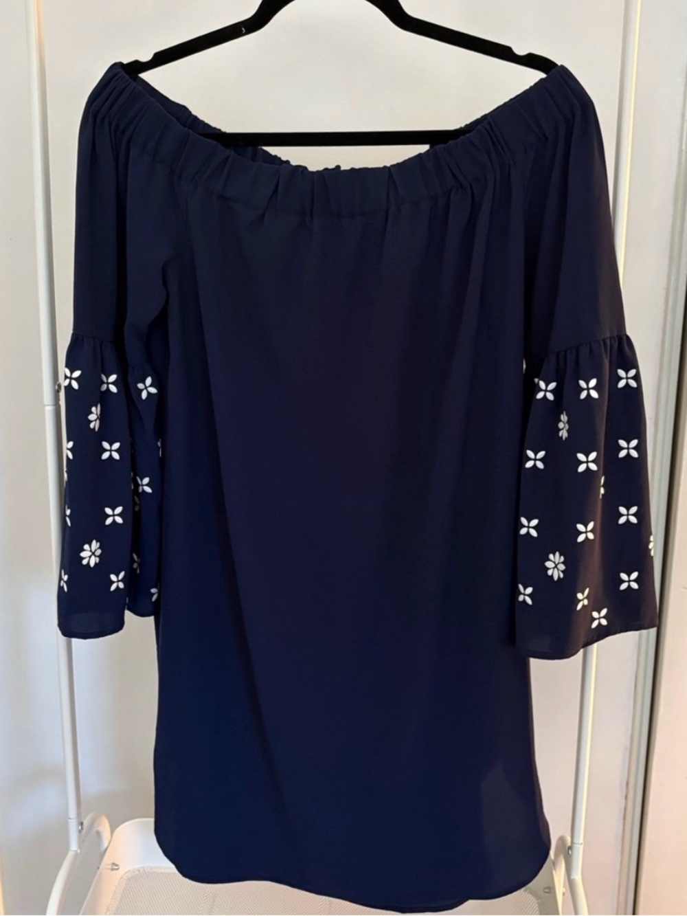 MICHAEL Michael Kors Navy Off-Shoulder Dress 3d flower embellished Bell Sleeves